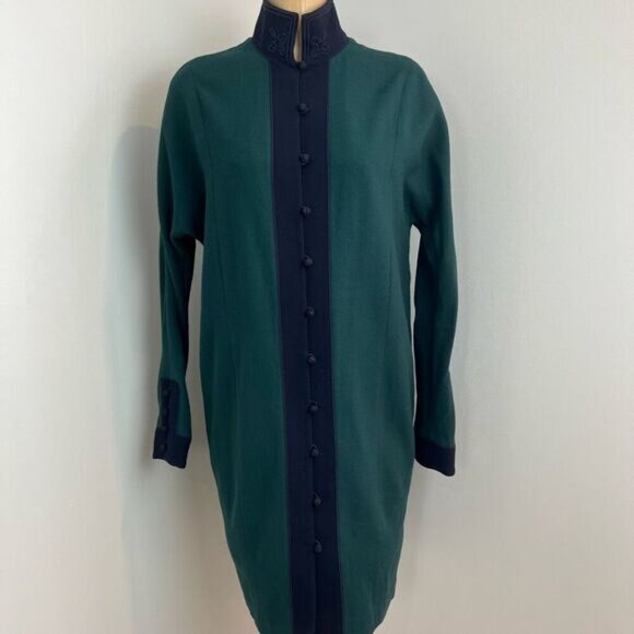VTG Linda Allard Ellen Tracy Women 8 100% Wool Green Blue Buttoned Sweater Dress - Picture 1 of 15